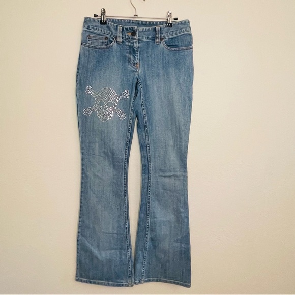 International Concepts Rhinestone Skull Bellbottom Jeans Long Length - Picture 3 of 15